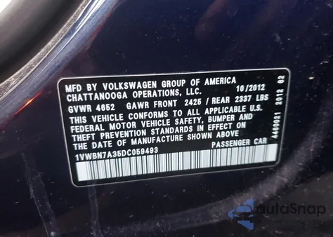 2013 Volkswagen Passat Se z USA, uszkodzony, nr VIN 1VWBN7A35DC059493